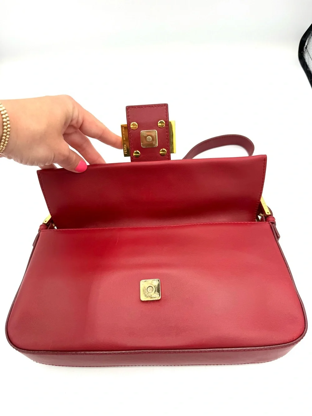 Fendi Red Leather Baguette Shoulder Bag with Gold Hardware